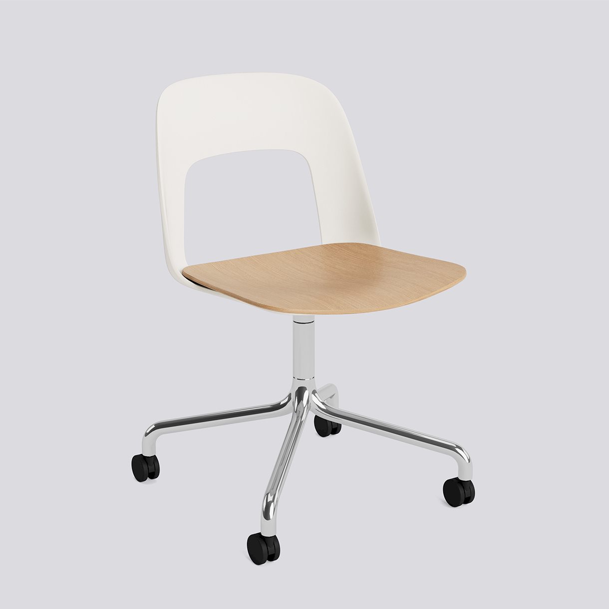 Layout Chair 162 Polished aluminium 4 star swivel arc Wheel base-Cream white polypropylene shell Water-based lacquered oak veneer seat-None-None