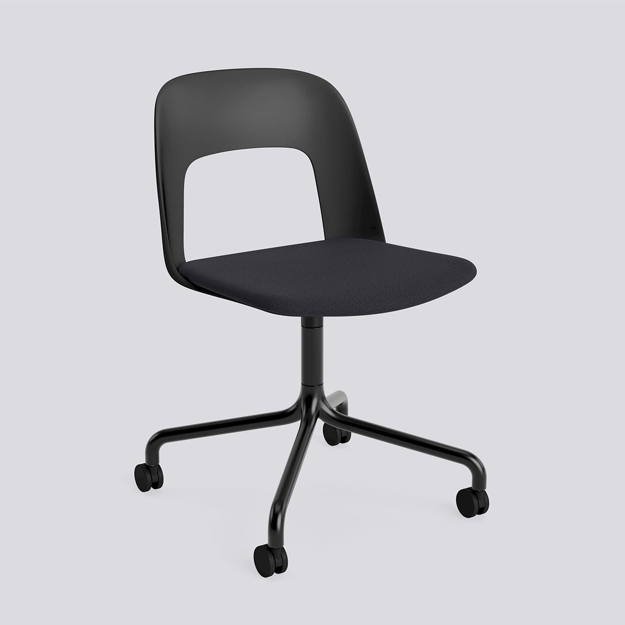 Layout Chair 163 Black powder coated aluminium 4 star swivel arc Wheel base-Black polypropylene shell Seat upholstery-Steelcut Trio-195