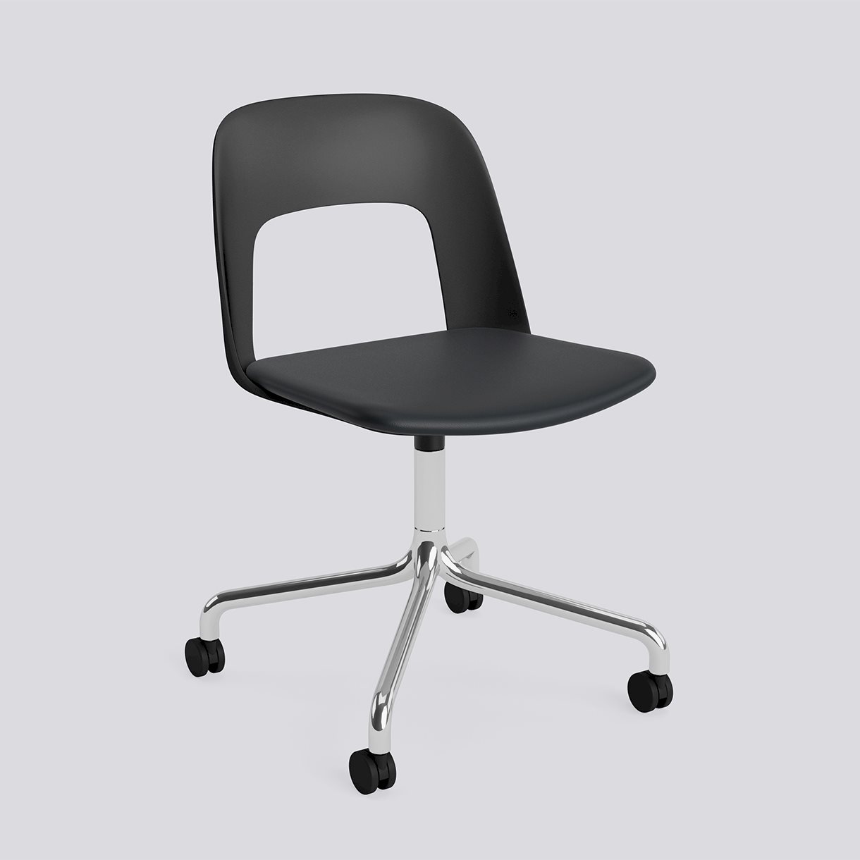 Layout Chair 163 Polished aluminium 4 star swivel arc Wheel base-Black polypropylene shell Seat upholstery-Grano-Black