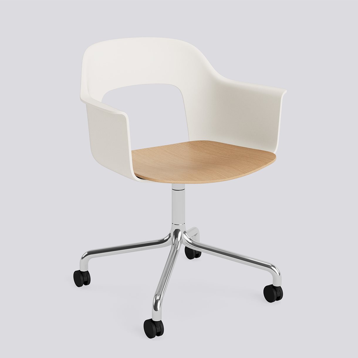 Layout Armchair 262 Polished aluminium 4 star swivel arc Wheel base-Cream white polypropylene shell Water-based lacquered oak veneer seat-None-None