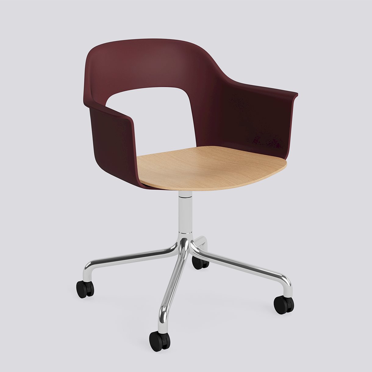 Layout Armchair 262 Polished aluminium 4 star swivel arc Wheel base-Bordeaux polypropylene shell Water-based lacquered oak veneer seat-None-None
