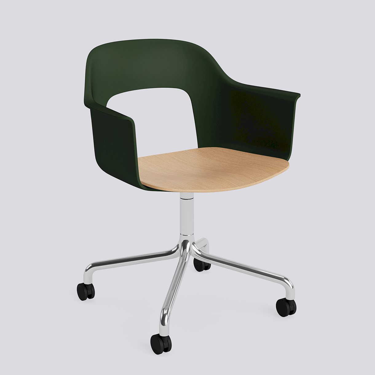 Layout Armchair 262 Polished aluminium 4 star swivel arc Wheel base-Bottle green polypropylene shell Water-based lacquered oak veneer seat-None-None
