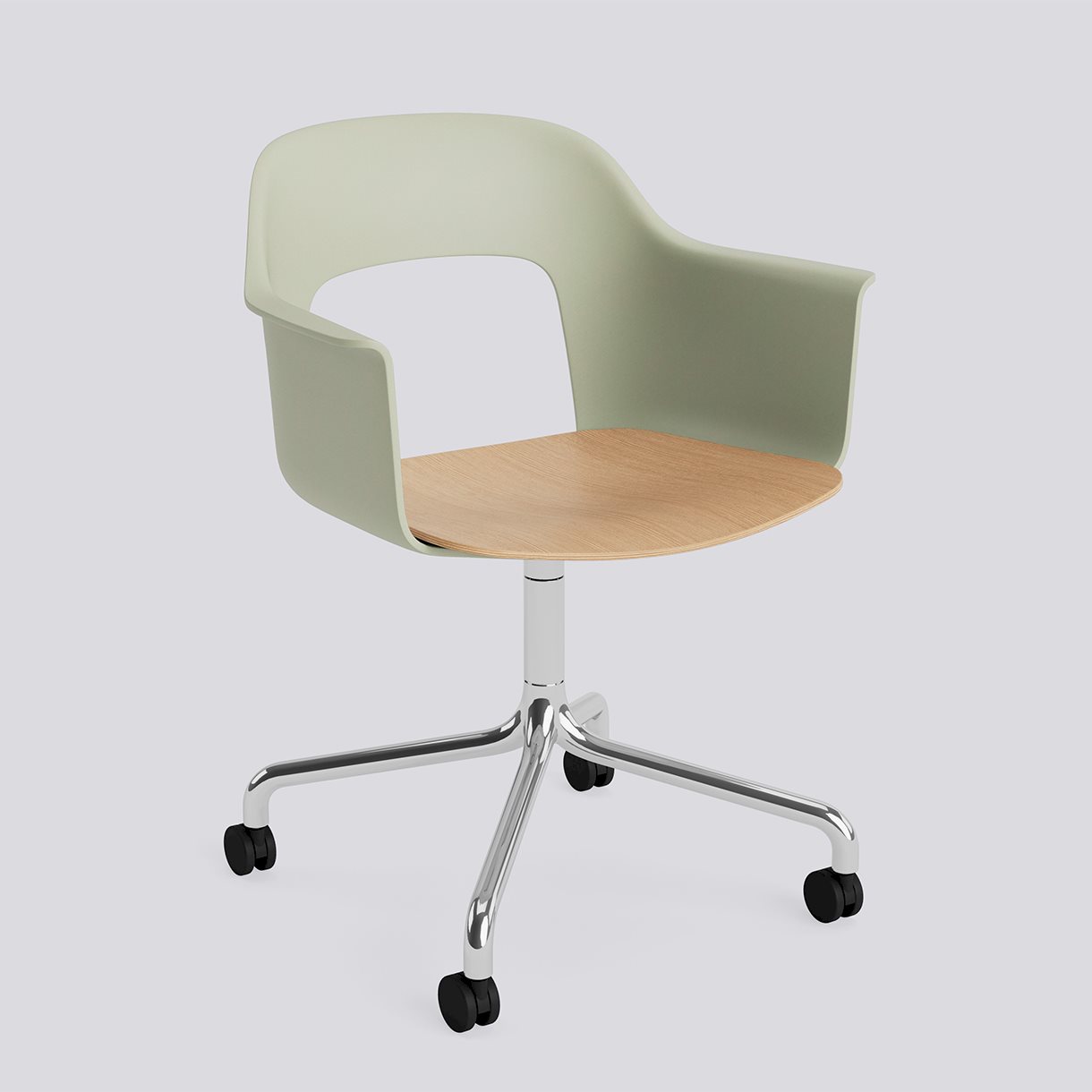 Layout Armchair 262 Polished aluminium 4 star swivel arc Wheel base-Pastel green polypropylene shell Water-based lacquered oak veneer seat-None-None