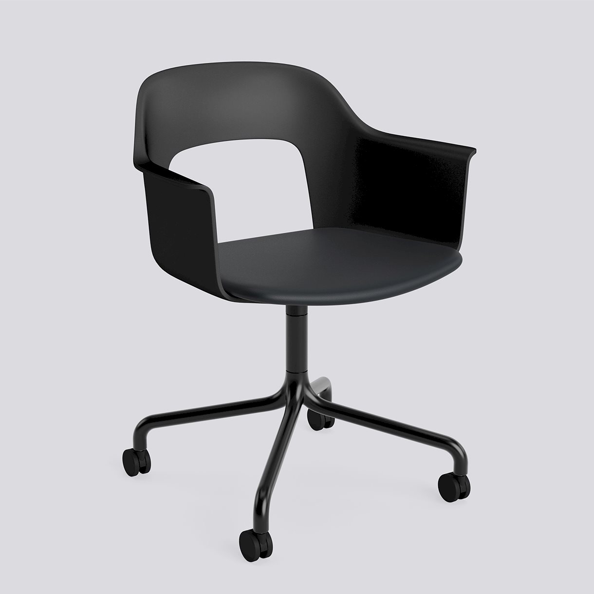 Layout Armchair 263 Black powder coated aluminium 4 star swivel arc Wheel base-Black polypropylene shell Seat upholstery-Grano-Black