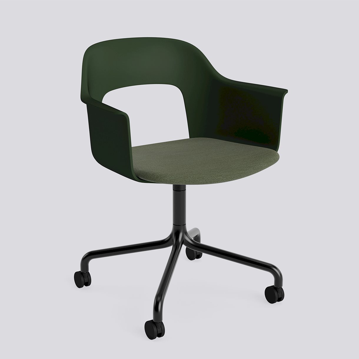 Layout Armchair 263 Black powder coated aluminium 4 star swivel arc Wheel base-Bottle green polypropylene shell Seat upholstery-Mode-072