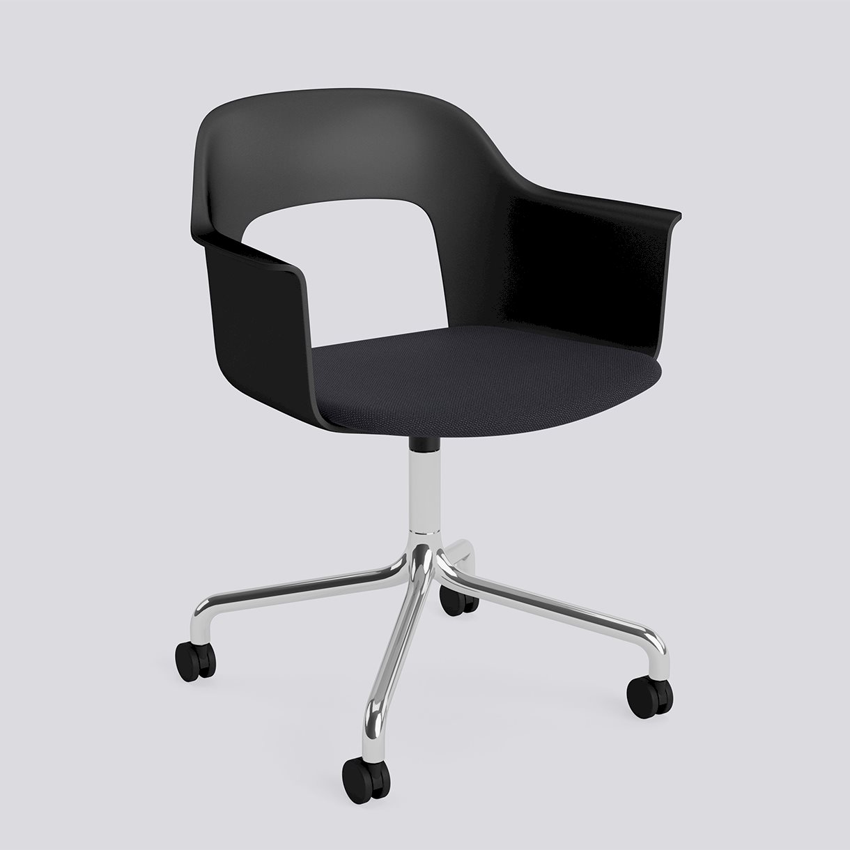 Layout Armchair 263 Polished aluminium 4 star swivel arc Wheel base-Black polypropylene shell Seat upholstery-Steelcut Trio-195