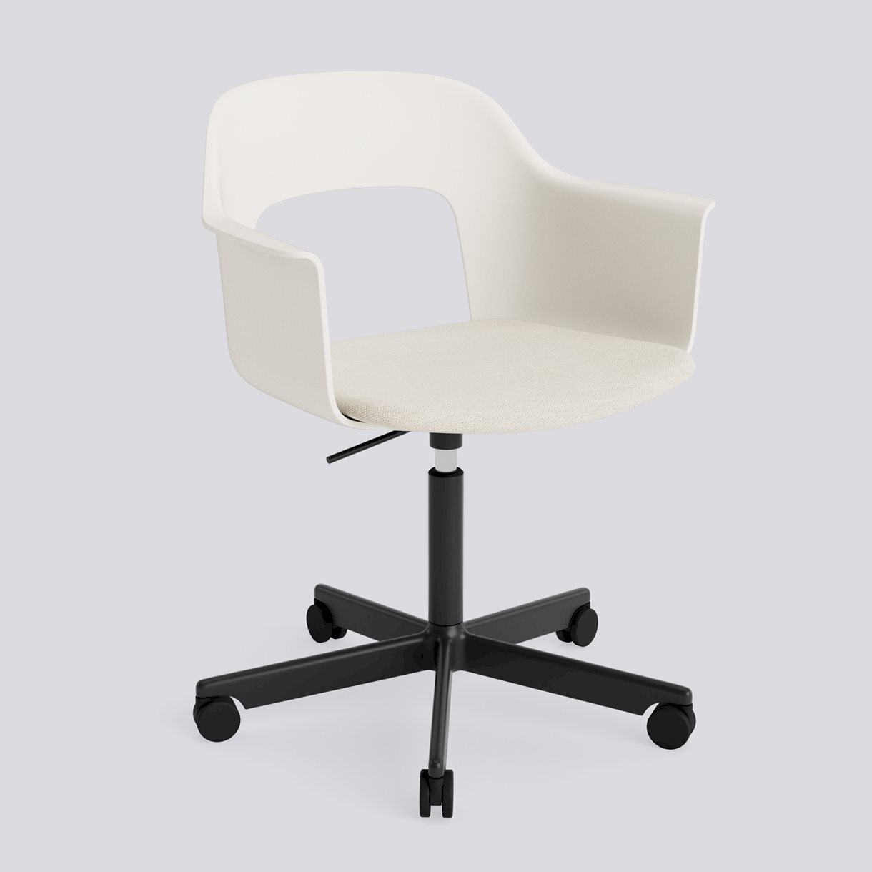  Layout Armchair 243 Black powder coated aluminium 5 star swivel Gas lift Wheel base-Cream white polypropylene shell Seat upholstery-Mode-011