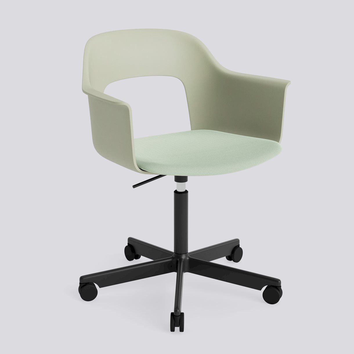  Layout Armchair 243 Black powder coated aluminium 5 star swivel Gas lift Wheel base-Pastel green polypropylene shell Seat upholstery-Relate-921