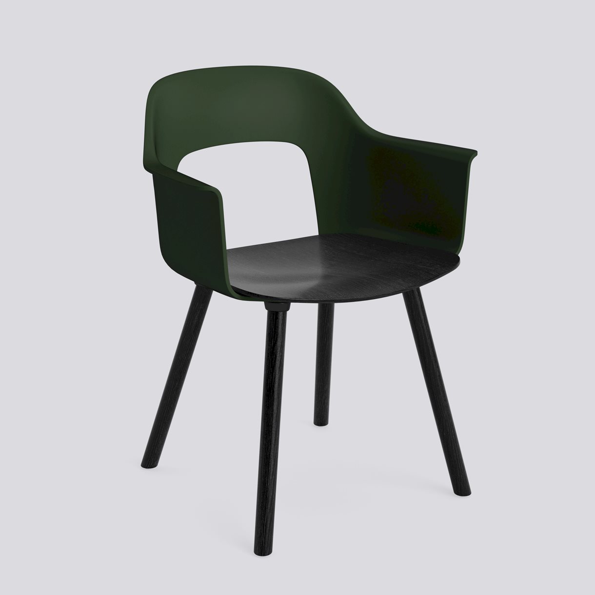 Layout Armchair 222 Black water-based lacquered solid oak 4 leg base Standard glider-Bottle green polypropylene shell Black water-based lacquered oak veneer seat-None-None