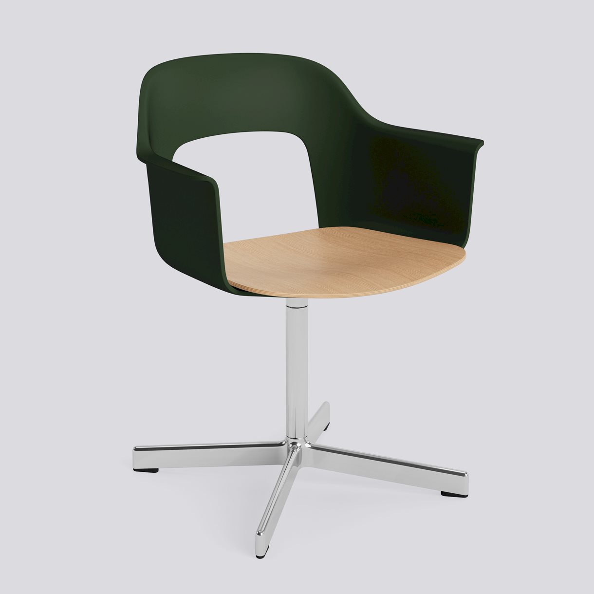 Layout Armchair 232 Polished aluminium 4 star swivel base Standard glider-Bottle green polypropylene shell Water-based lacquered oak veneer seat-None-None