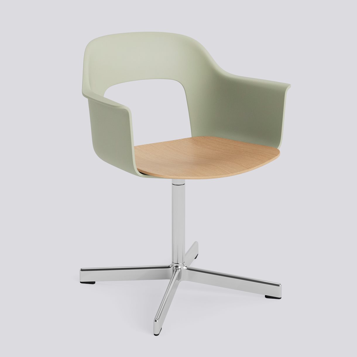 Layout Armchair 232 Polished aluminium 4 star swivel base Standard glider-Pastel green polypropylene shell Water-based lacquered oak veneer seat-None-None