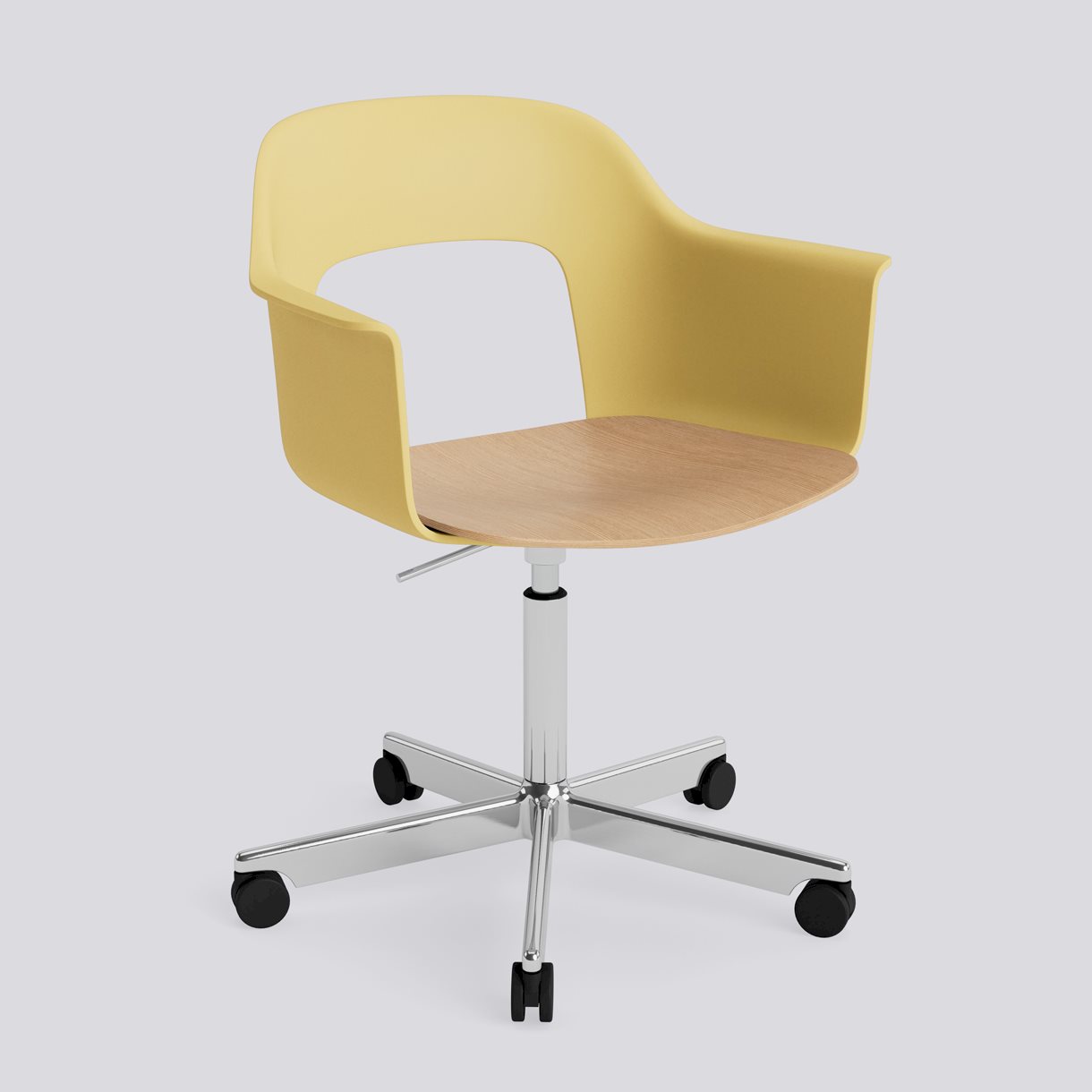  Layout Armchair 242 Polished aluminium 5 star swivel Gas lift Wheel base-Biscotti polypropylene shell Water-based lacquered oak veneer seat-None-None