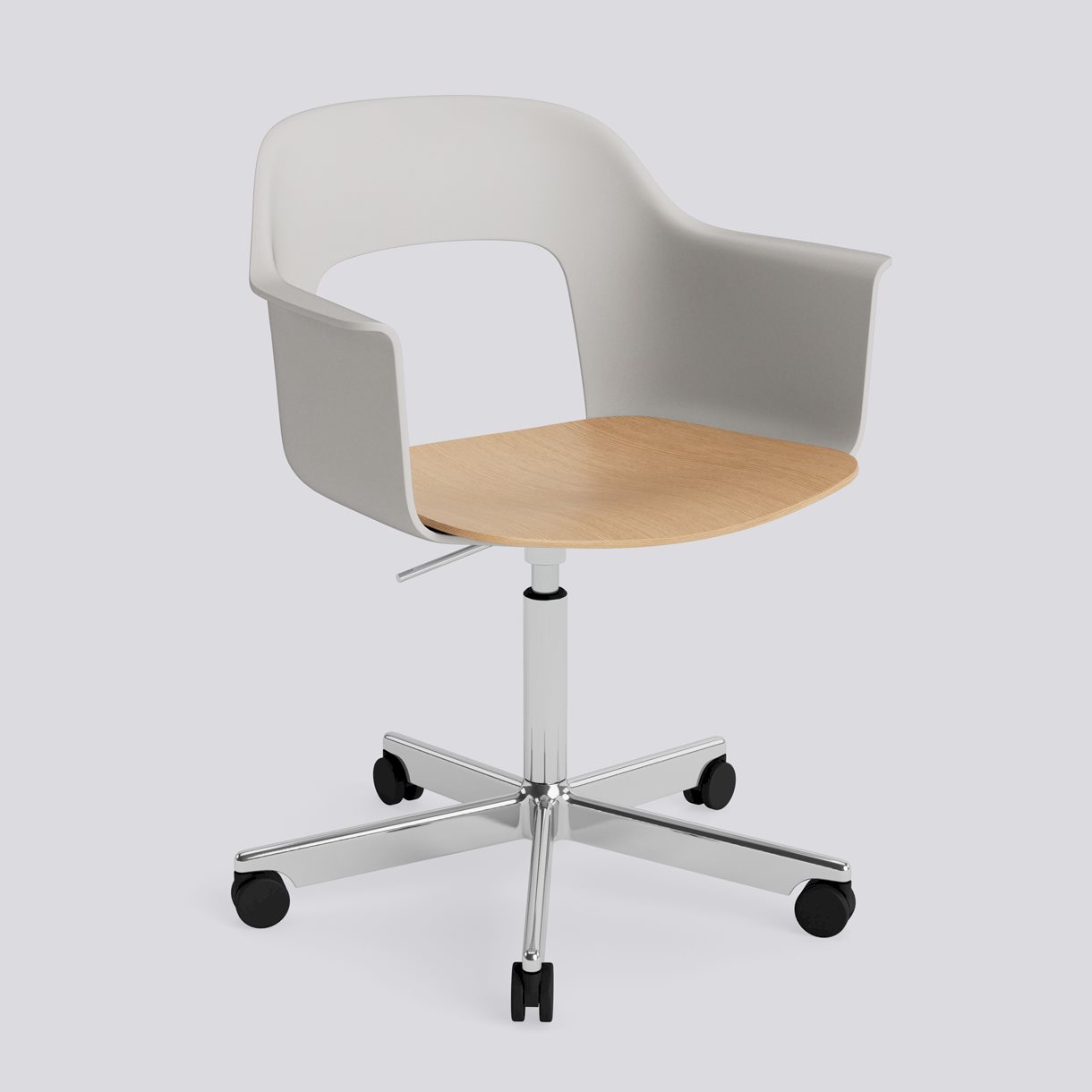  Layout Armchair 242 Polished aluminium 5 star swivel Gas lift Wheel base-Sky grey polypropylene shell Water-based lacquered oak veneer seat-None-None