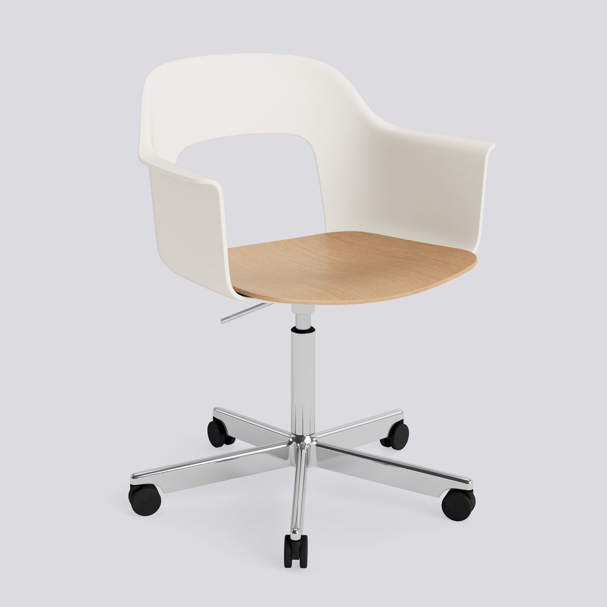 Layout Armchair 242 Polished aluminium 5 star swivel Gas lift Wheel base-Cream white polypropylene shell Water-based lacquered oak veneer seat-None-None