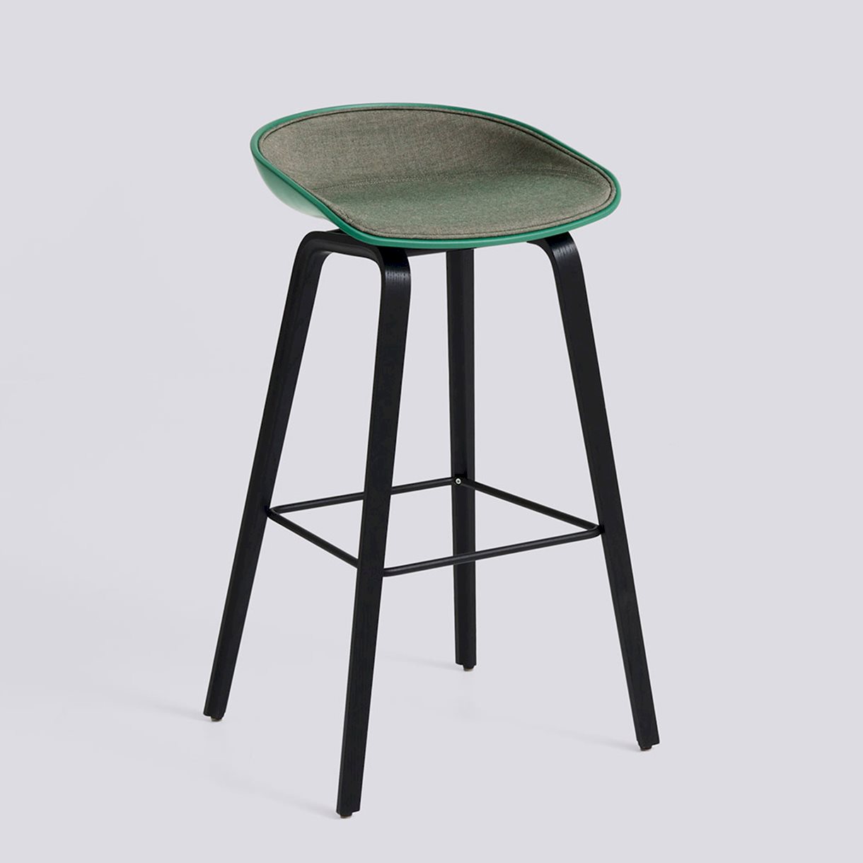  AAS32 Bar stool High Black water-based lacquered oak veneer 4 leg base Black powder coated steel footrest H75 Standard glider-Teal green 2.0 shell Front upholstery-Atlas-931