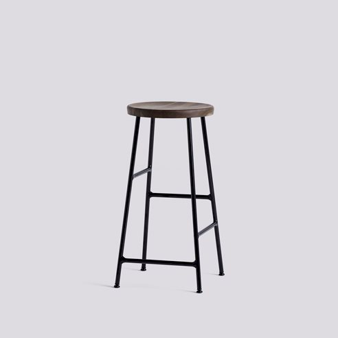 Cornet Bar Stool Soft black powder coated steel base H65 Standard glider-Smoked oiled solid oak seat