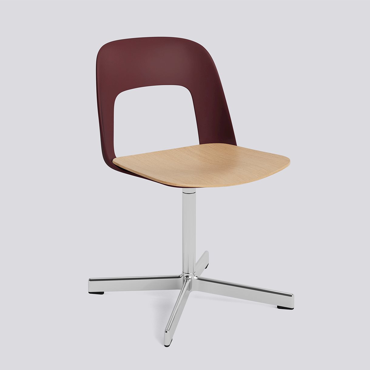  Layout Chair 132 Polished aluminium 4 star swivel base Standard glider-Bordeaux polypropylene shell Water-based lacquered oak veneer seat-None-None