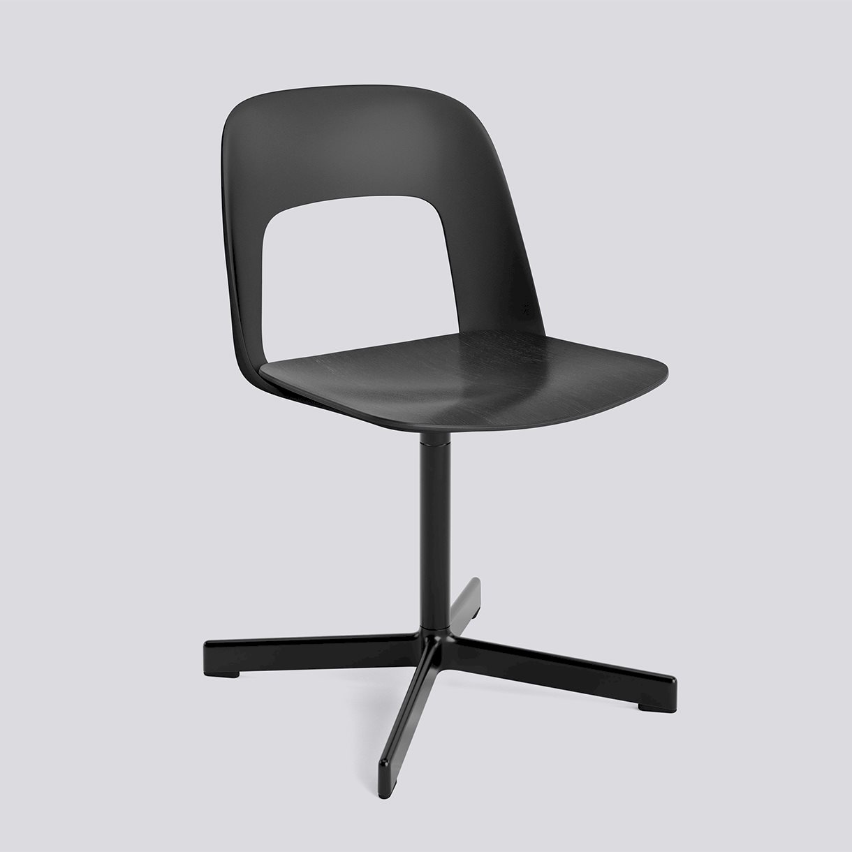  Layout Chair 132 Black powder coated aluminium 4 star swivel base Standard glider-Black polypropylene shell Black water-based lacquered oak veneer seat-None-None