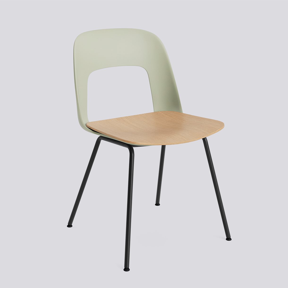  Layout Chair 112 Black powder coated steel 4 leg base Standard glider-Pastel green polypropylene shell Water-based lacquered oak veneer seat-None-None