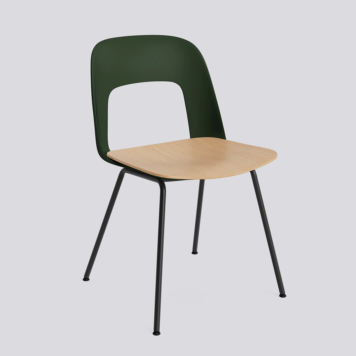 Layout Chair 112 Black powder coated steel 4 leg base Standard glider-Bottle green polypropylene shell Water-based lacquered oak veneer seat-None-None