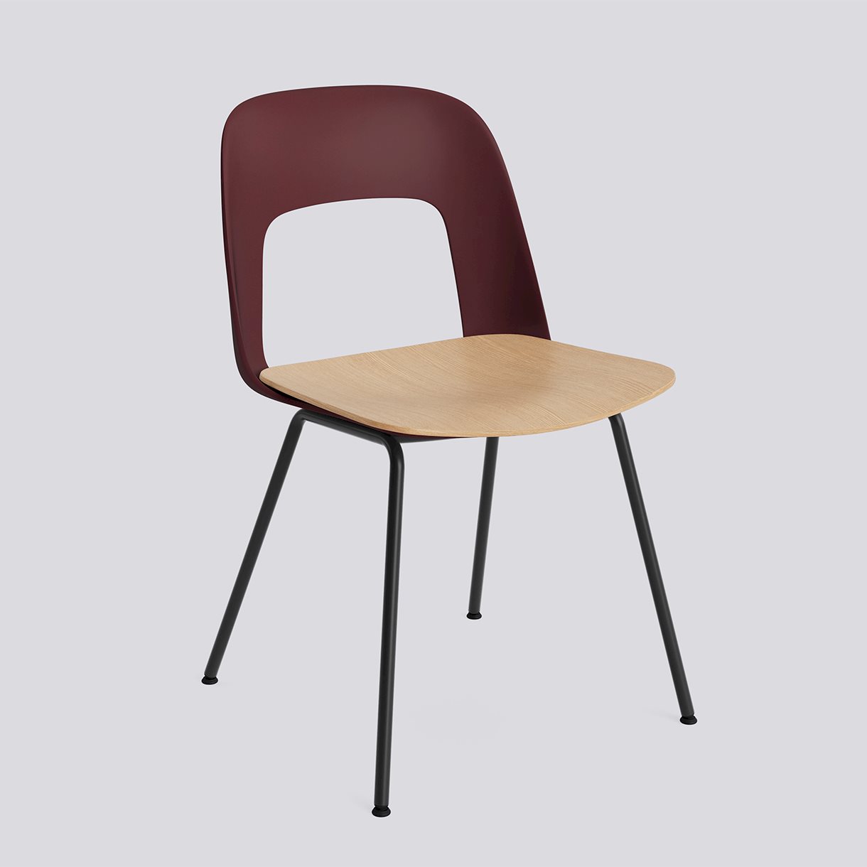 Layout Chair 112 Black powder coated steel 4 leg base Standard glider-Bordeaux polypropylene shell Water-based lacquered oak veneer seat-None-None