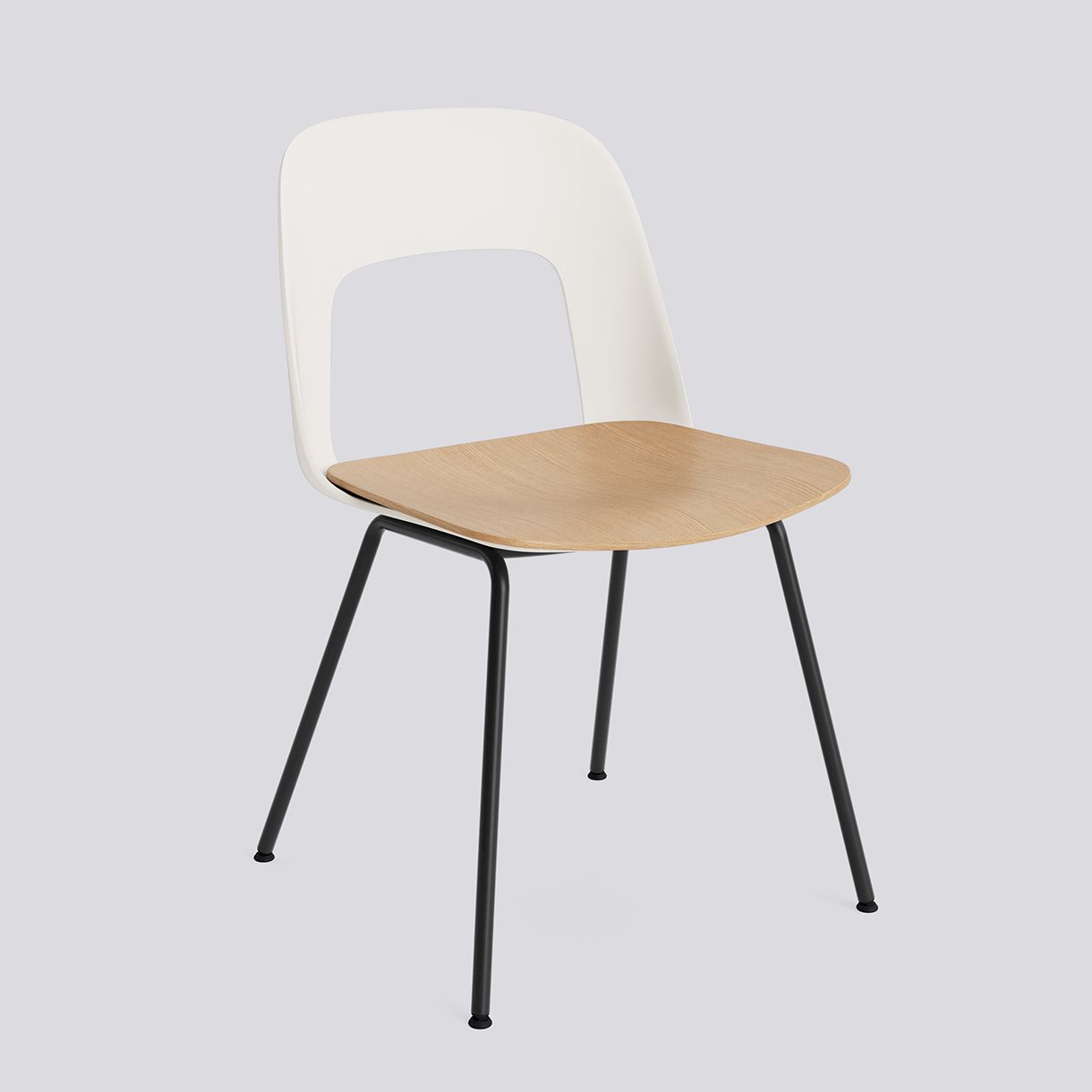Layout Chair 112 Black powder coated steel 4 leg base Standard glider-Cream white polypropylene shell Water-based lacquered oak veneer seat-None-None