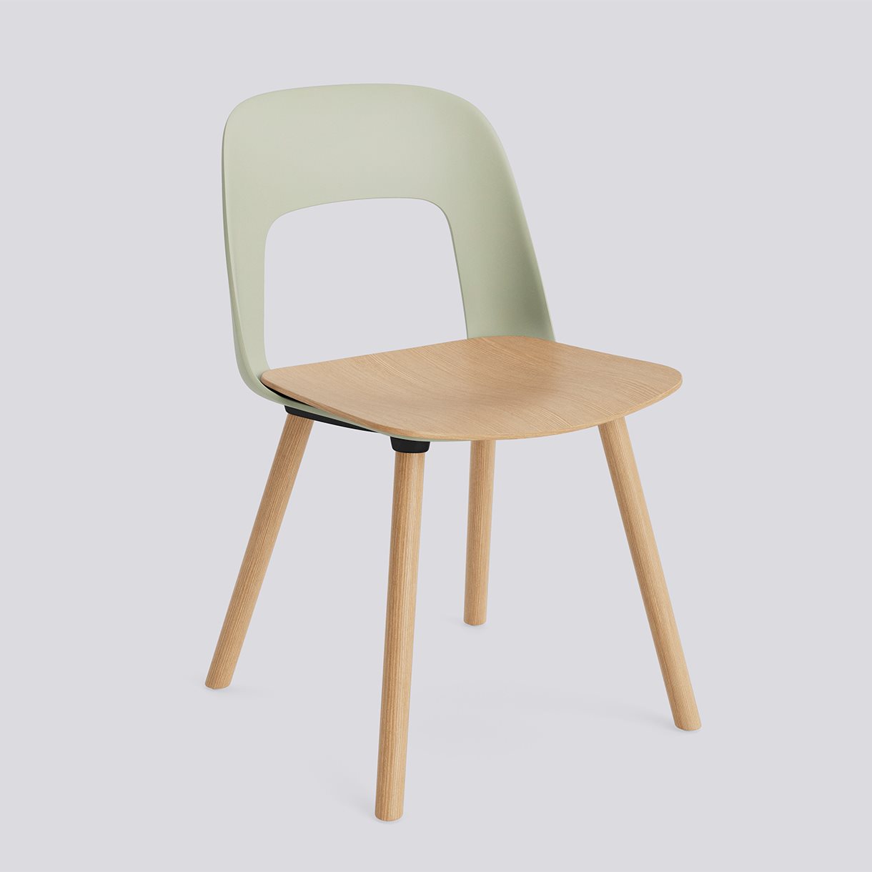  Layout Chair 122 Water-based lacquered solid oak 4 leg base Standard glider-Pastel green polypropylene shell Water-based lacquered oak veneer seat-None-None