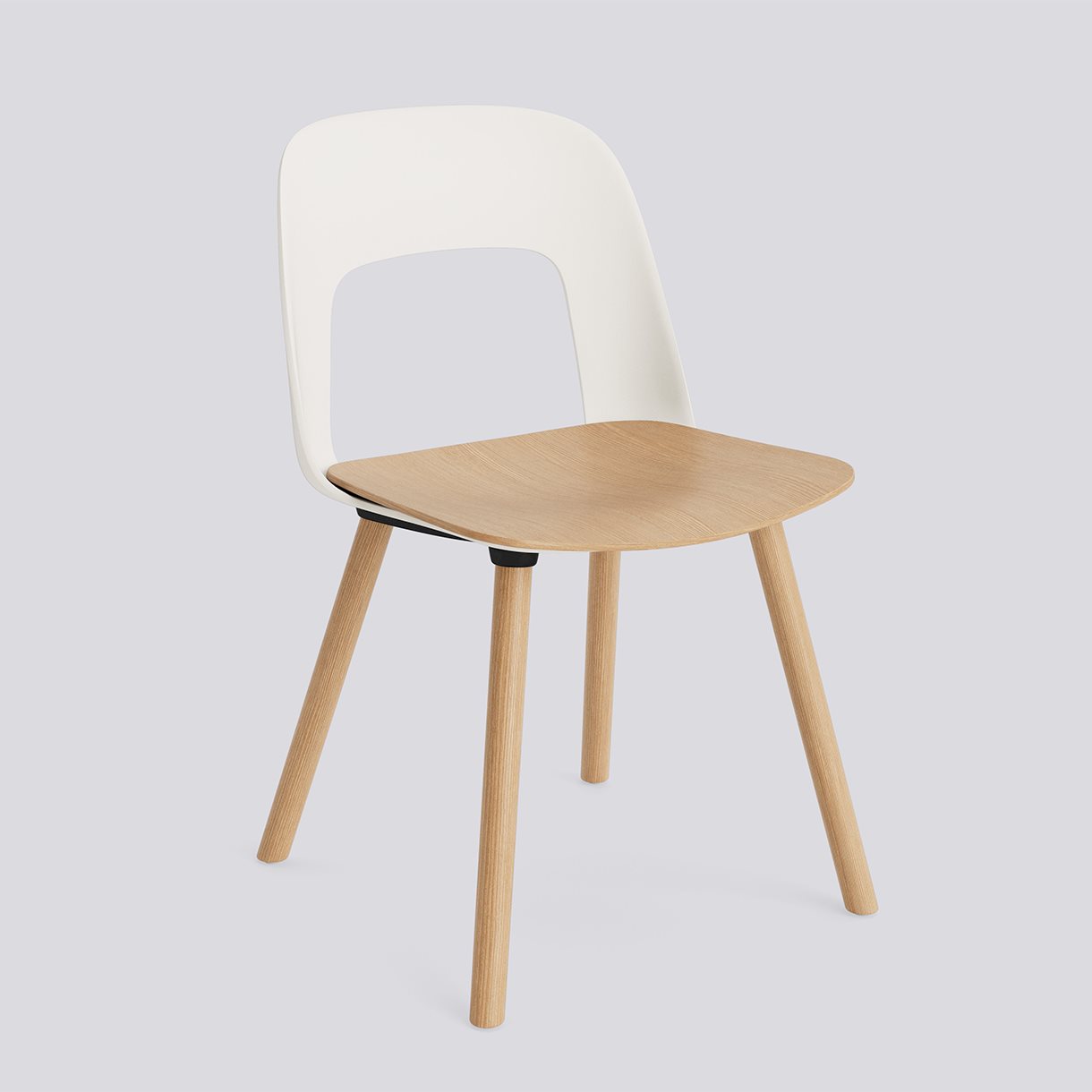  Layout Chair 122 Water-based lacquered solid oak 4 leg base Standard glider-Cream white polypropylene shell Water-based lacquered oak veneer seat-None-None