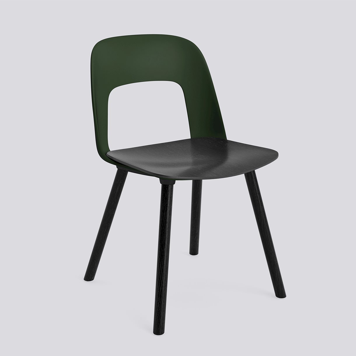  Layout Chair 122 Black water-based lacquered solid oak 4 leg base Standard glider-Bottle green polypropylene shell Black water-based lacquered oak veneer seat-None-None