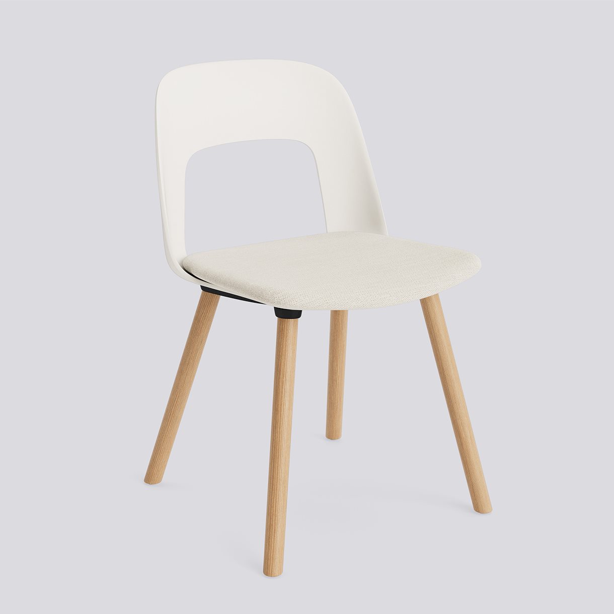  Layout Chair 123 Water-based lacquered solid oak 4 leg base Standard glider-Cream white polypropylene shell Seat upholstery-Mode-011