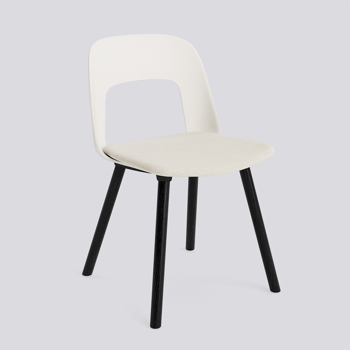  Layout Chair 123 Black water-based lacquered solid oak 4 leg base Standard glider-Cream white polypropylene shell Seat upholstery-Mode-011