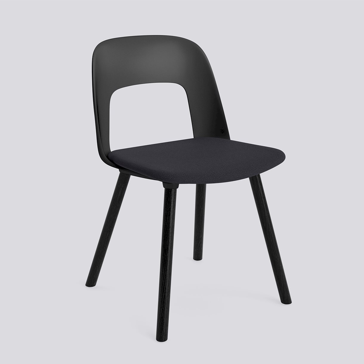 Layout Chair 123 Black water-based lacquered solid oak 4 leg base Standard glider-Black polypropylene shell Seat upholstery-Grano-Black