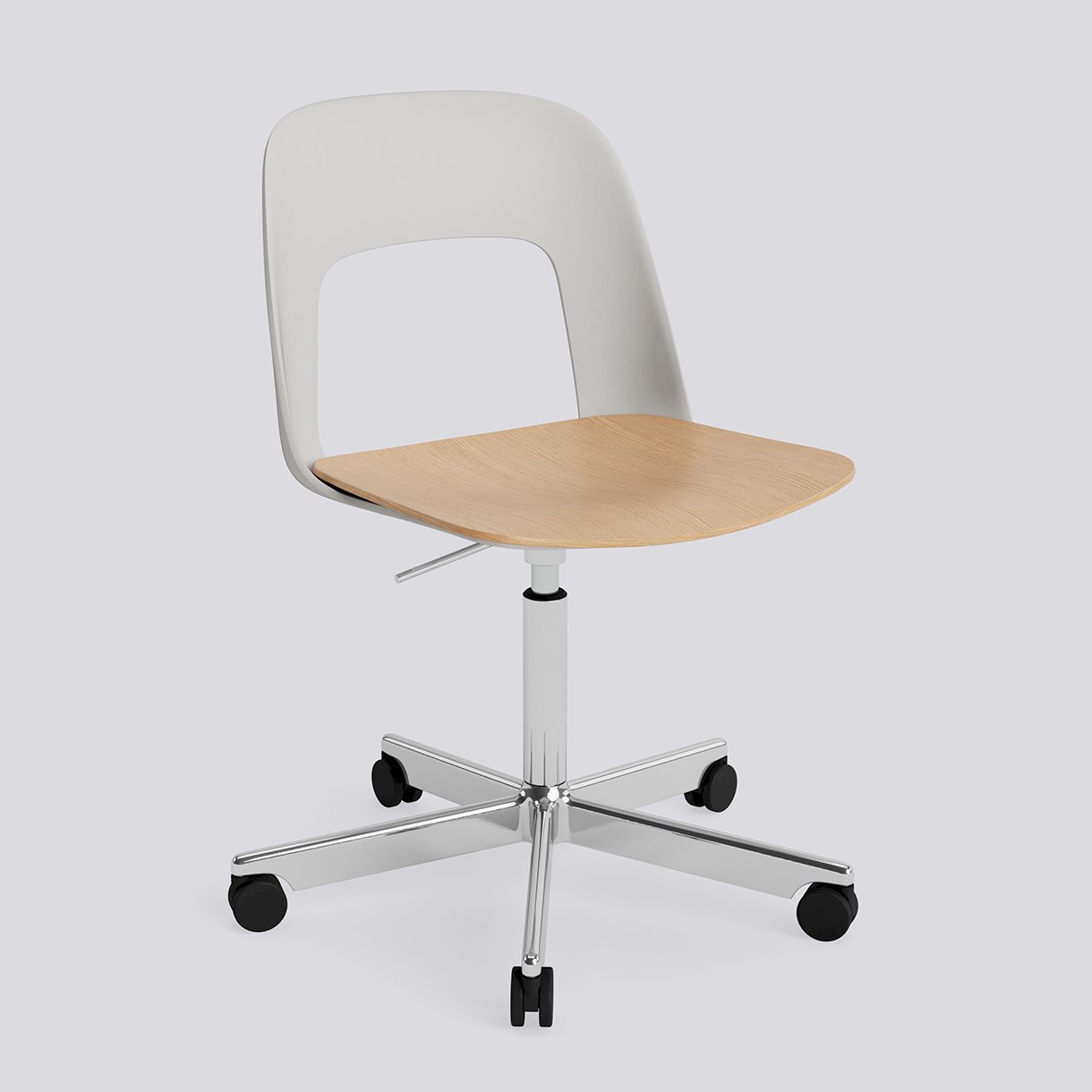 Layout Chair 142 Polished aluminium 5 star swivel Gas lift Wheel base-Sky grey polypropylene shell Water-based lacquered oak veneer seat-None-None