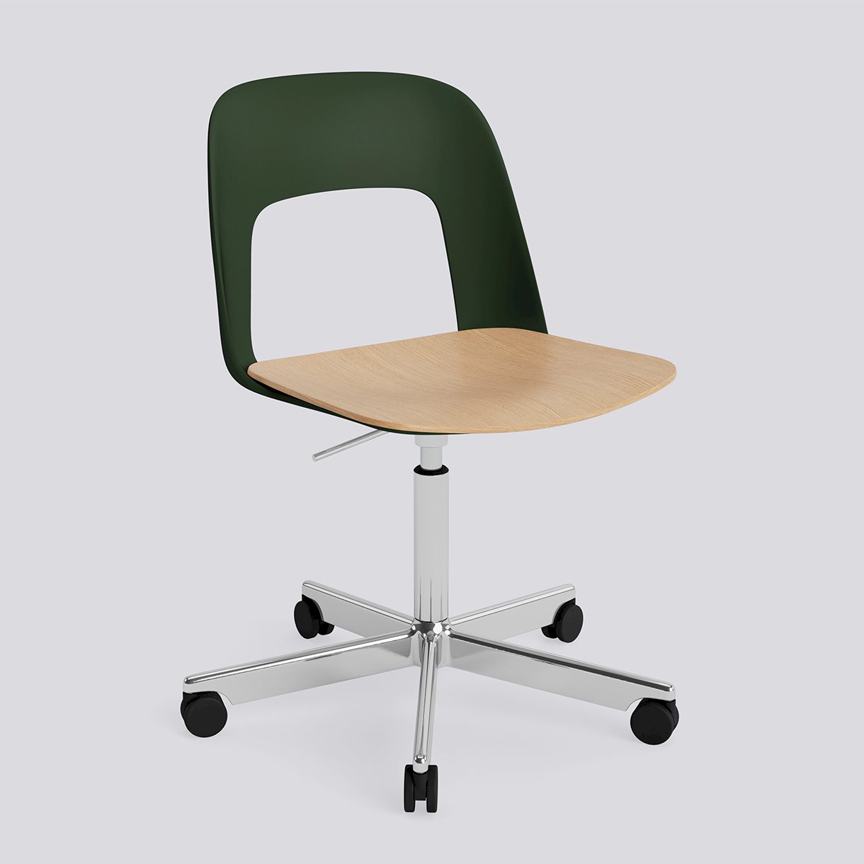 Layout Chair 142 Polished aluminium 5 star swivel Gas lift Wheel base-Bottle green polypropylene shell Water-based lacquered oak veneer seat-None-None