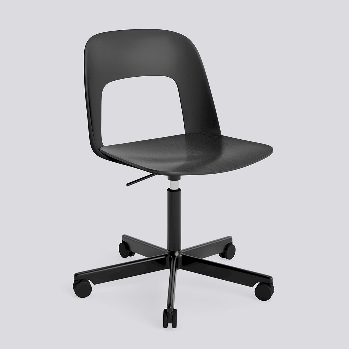  Layout Chair 142 Black powder coated aluminium 5 star swivel Gas lift Wheel base-Black polypropylene shell Black water-based lacquered oak veneer seat-None-None