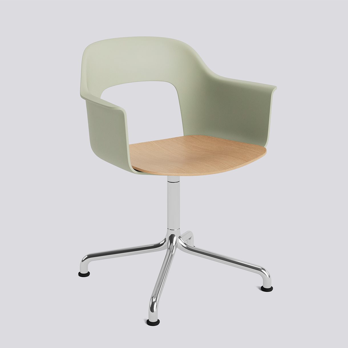  Layout Armchair 252 Polished aluminium 4 star swivel arc base Standard glider-Pastel green polypropylene shell Water-based lacquered oak veneer seat-None-None