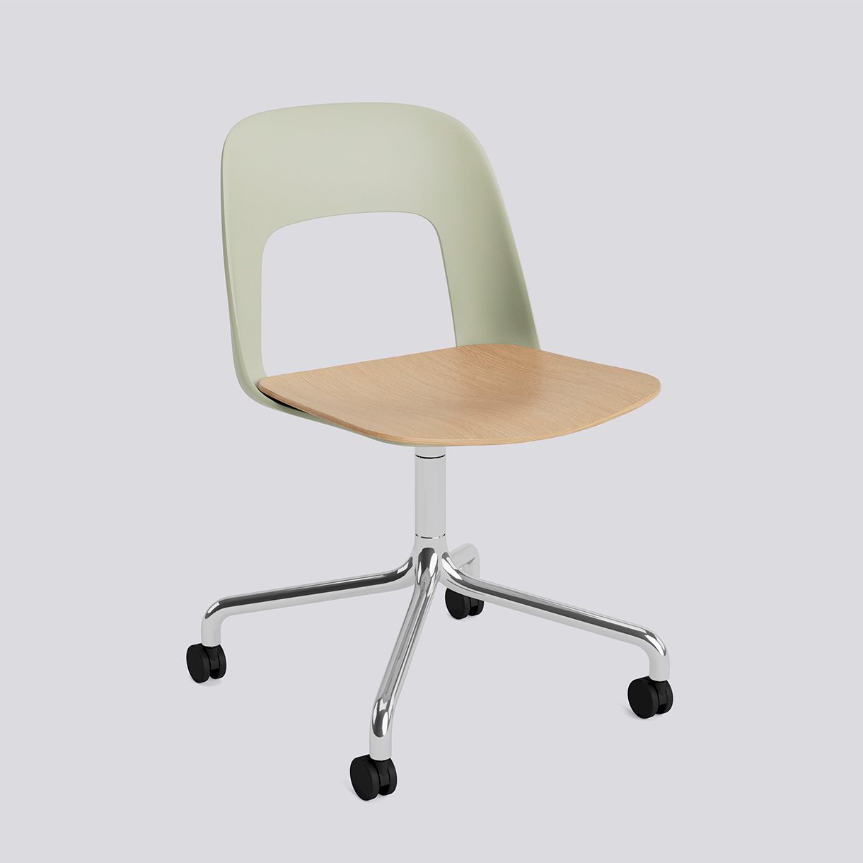  Layout Chair 162 Polished aluminium 4 star swivel arc Wheel base-Pastel green polypropylene shell Water-based lacquered oak veneer seat-None-None