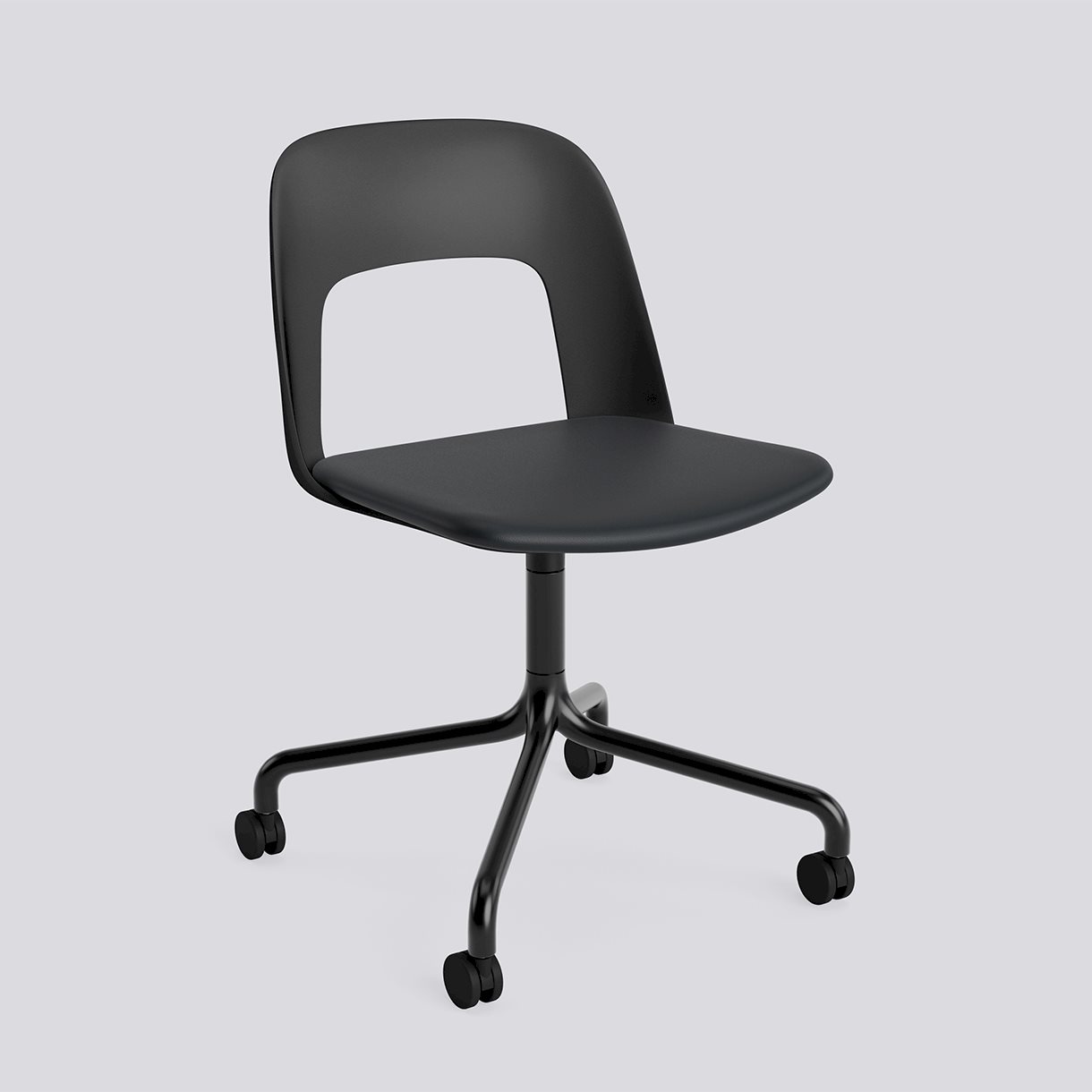  Layout Chair 163 Black powder coated aluminium 4 star swivel arc Wheel base-Black polypropylene shell Seat upholstery-Grano-Black