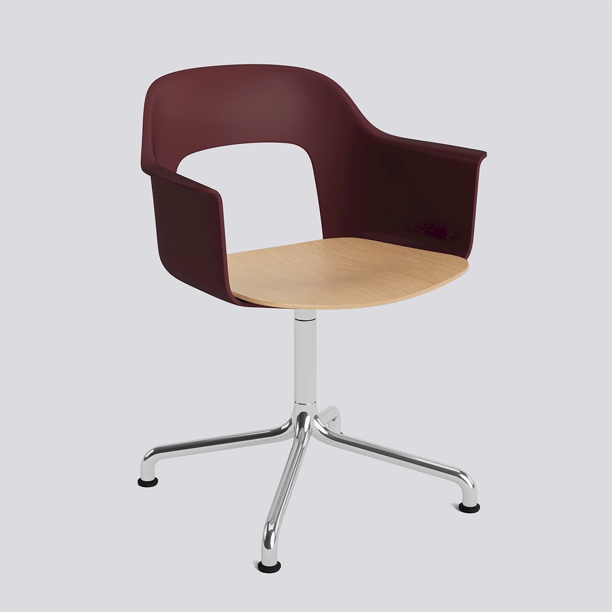 Layout Armchair 252 Polished aluminium 4 star swivel arc base Standard glider-Bordeaux polypropylene shell Water-based lacquered oak veneer seat-None-None