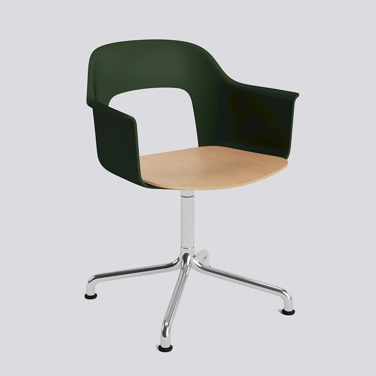  Layout Armchair 252 Polished aluminium 4 star swivel arc base Standard glider-Bottle green polypropylene shell Water-based lacquered oak veneer seat-None-None