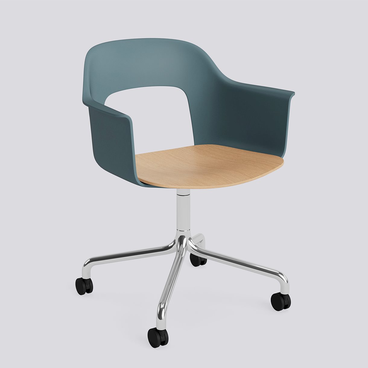  Layout Armchair 262 Polished aluminium 4 star swivel arc Wheel base-Ocean polypropylene shell Water-based lacquered oak veneer seat-None-None