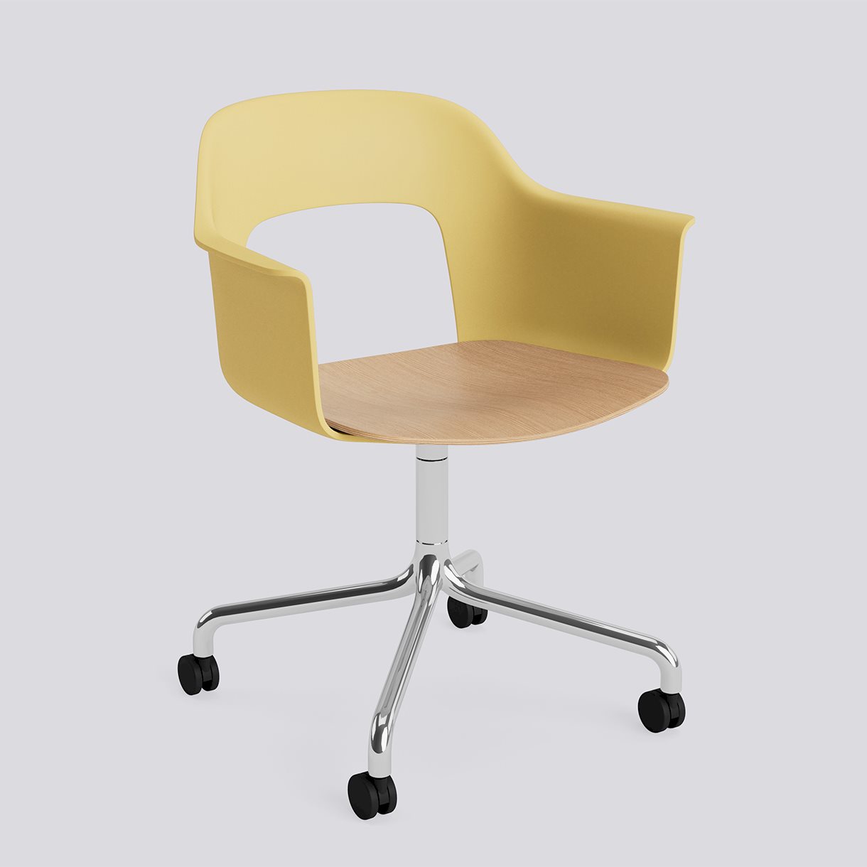  Layout Armchair 262 Polished aluminium 4 star swivel arc Wheel base-Biscotti polypropylene shell Water-based lacquered oak veneer seat-None-None