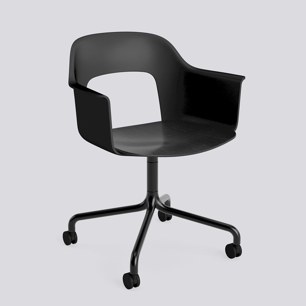  Layout Armchair 262 Black powder coated aluminium 4 star swivel arc Wheel base-Black polypropylene shell Black water-based lacquered oak veneer seat-None-None
