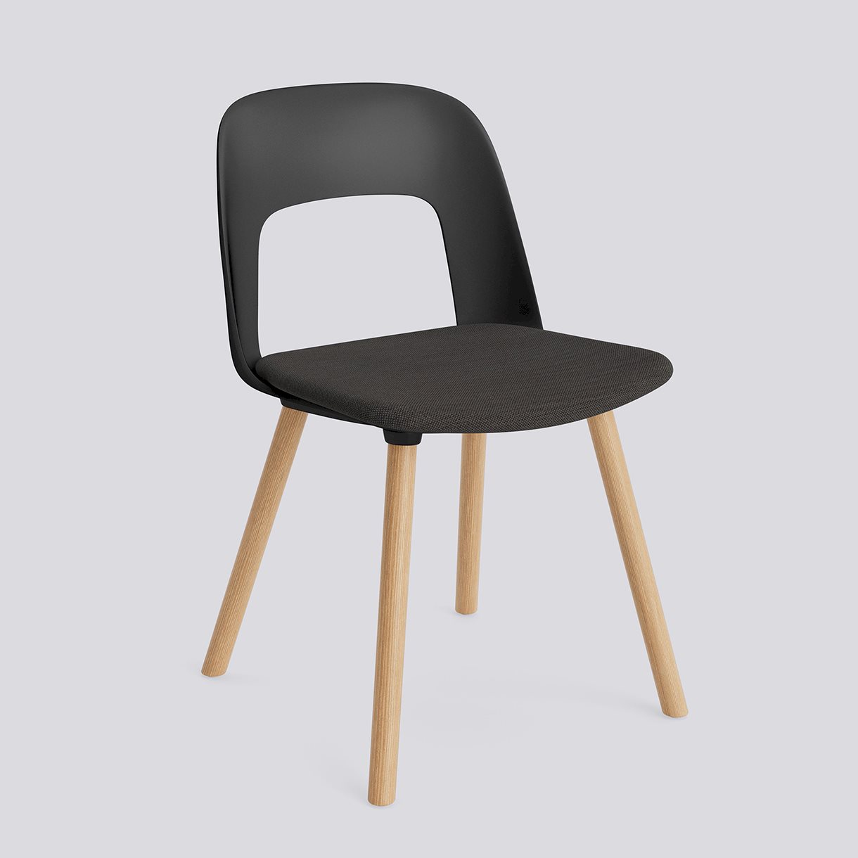 Layout Chair 123 Water-based lacquered solid oak 4 leg base Standard glider-Black polypropylene shell Seat upholstery-Mode-005